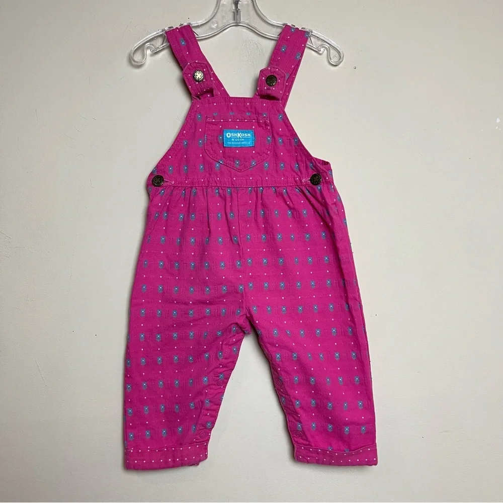 VTG 90s OshKosh Floral Overalls Bibs Bow Pink Blue Girls Size 18M USA‎ Union Tag